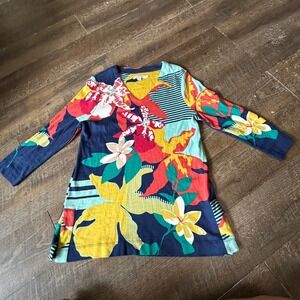 Chicos Floral Striped Pima Cotton Tunic Top Navy Yellow V-Neck 3/4 Sleeve Size 1